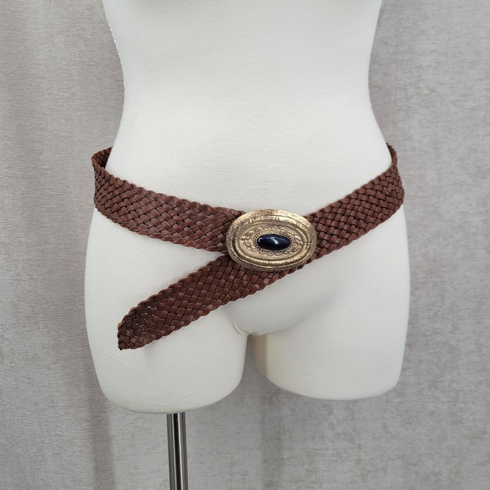 Vintage Brown Woven Belt with Gold Oval Buckle with Navy Blue Faux Stone